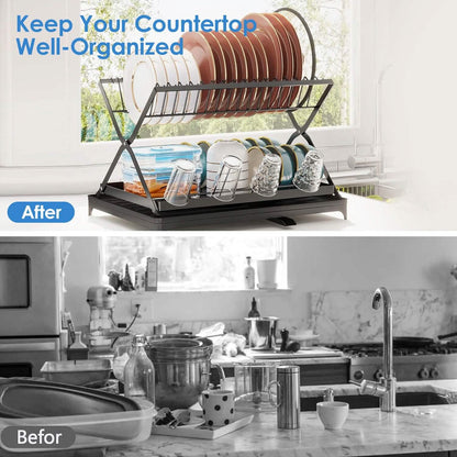 2-Tier Dish Drying Rack with Cup Holder and Drainboard DailySale