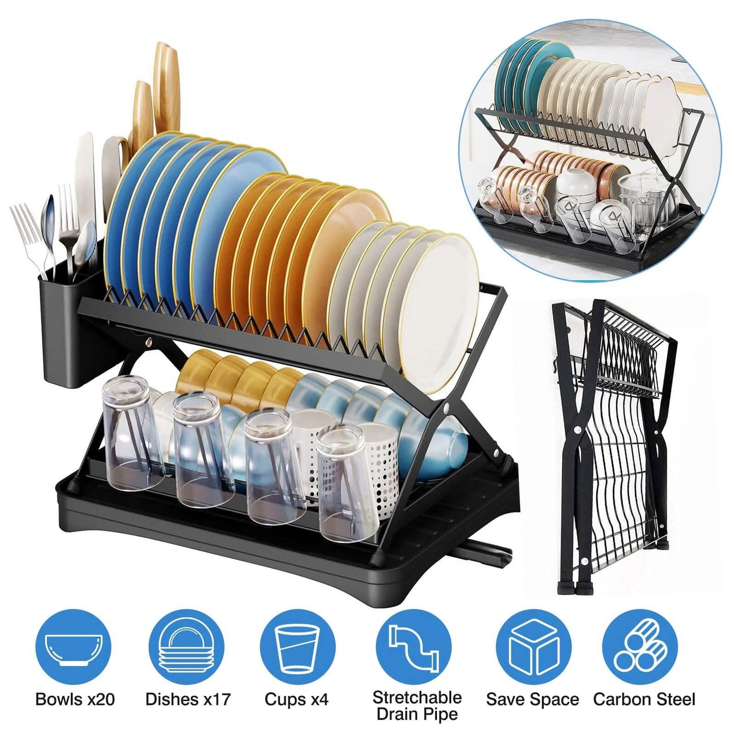 2-Tier Dish Drying Rack with Cup Holder and Drainboard DailySale