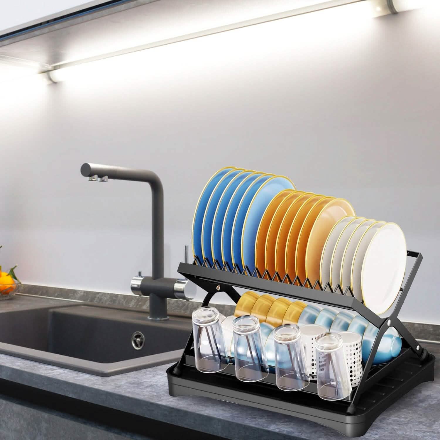 2-Tier Dish Drying Rack with Cup Holder and Drainboard DailySale
