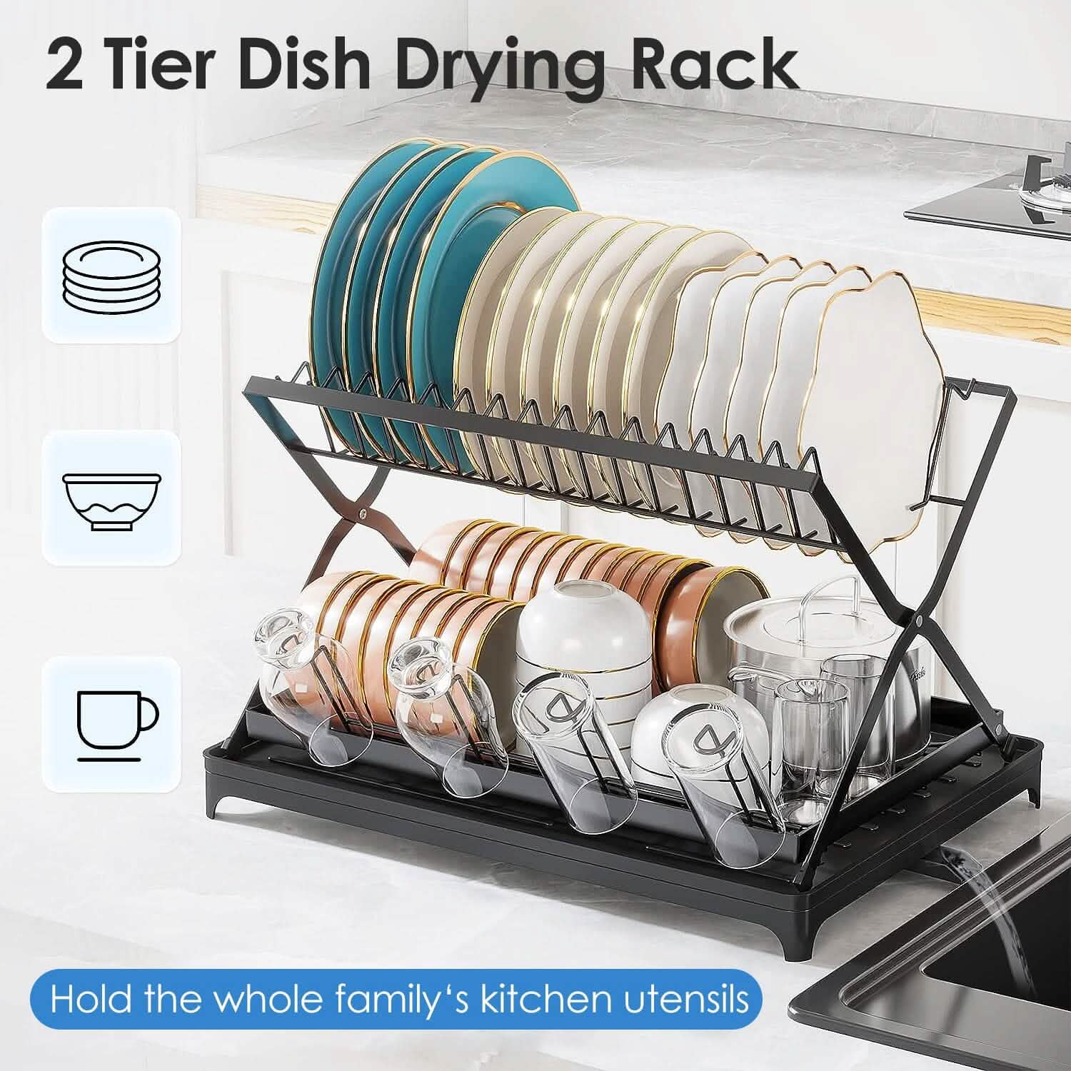 2-Tier Dish Drying Rack with Cup Holder and Drainboard DailySale