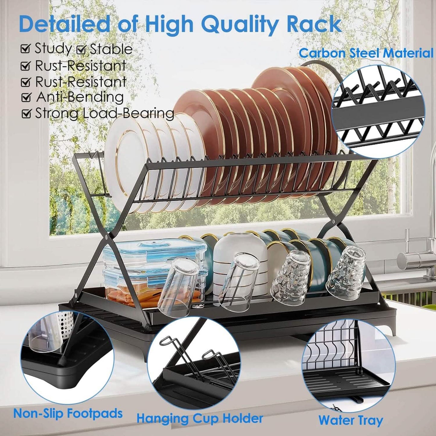2-Tier Dish Drying Rack with Cup Holder and Drainboard DailySale