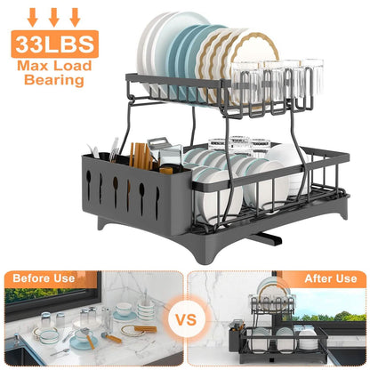 2-Tier Dish Rack Drainer Organizer Set with Utensil Cup Holder Rack Swivel Spout DailySale