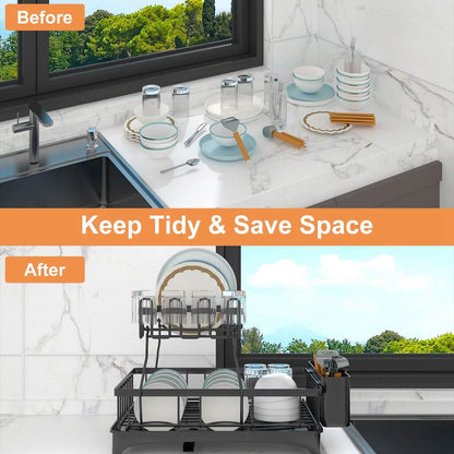 2-Tier Dish Rack Drainer Organizer Set with Utensil Cup Holder Rack Swivel Spout DailySale