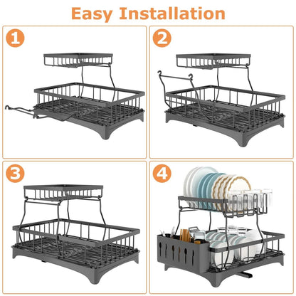 2-Tier Dish Rack Drainer Organizer Set with Utensil Cup Holder Rack Swivel Spout DailySale