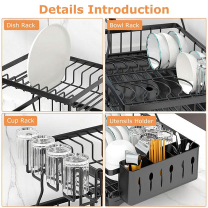 2-Tier Dish Rack Drainer Organizer Set with Utensil Cup Holder Rack Swivel Spout DailySale