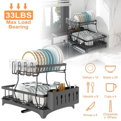 2-Tier Dish Rack Drainer Organizer Set with Utensil Cup Holder Rack Swivel Spout DailySale