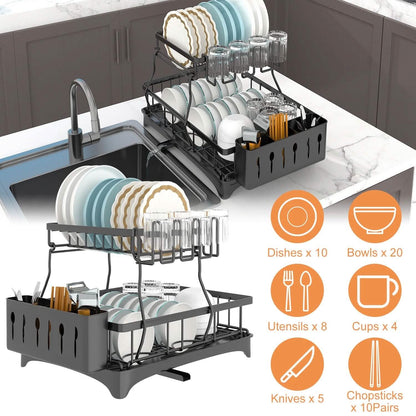 2-Tier Dish Rack Drainer Organizer Set with Utensil Cup Holder Rack Swivel Spout DailySale