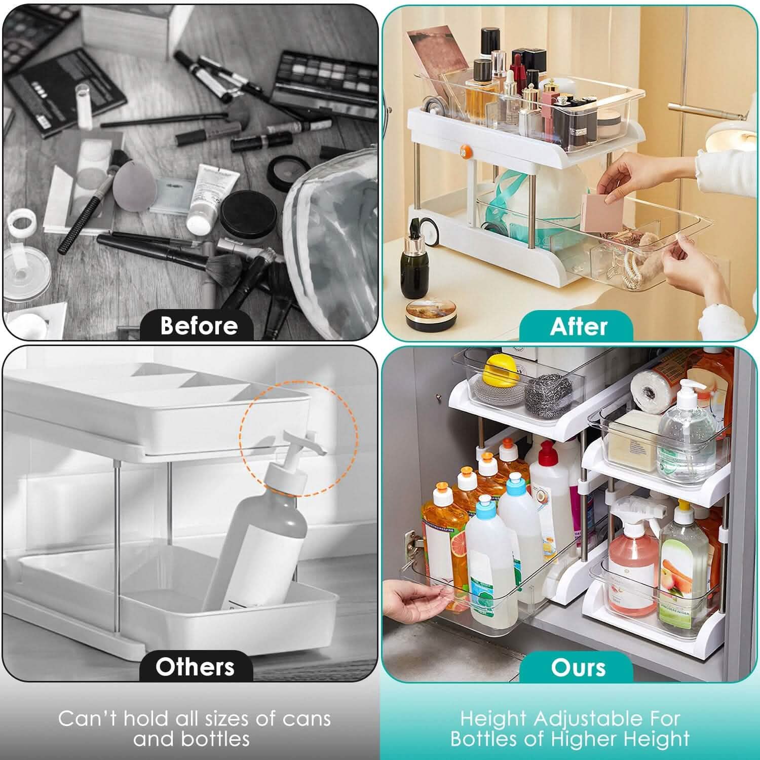 2-Tier Height Adjustable Under Sink Organizer with Flexible Wheels 2 Clear Trays DailySale