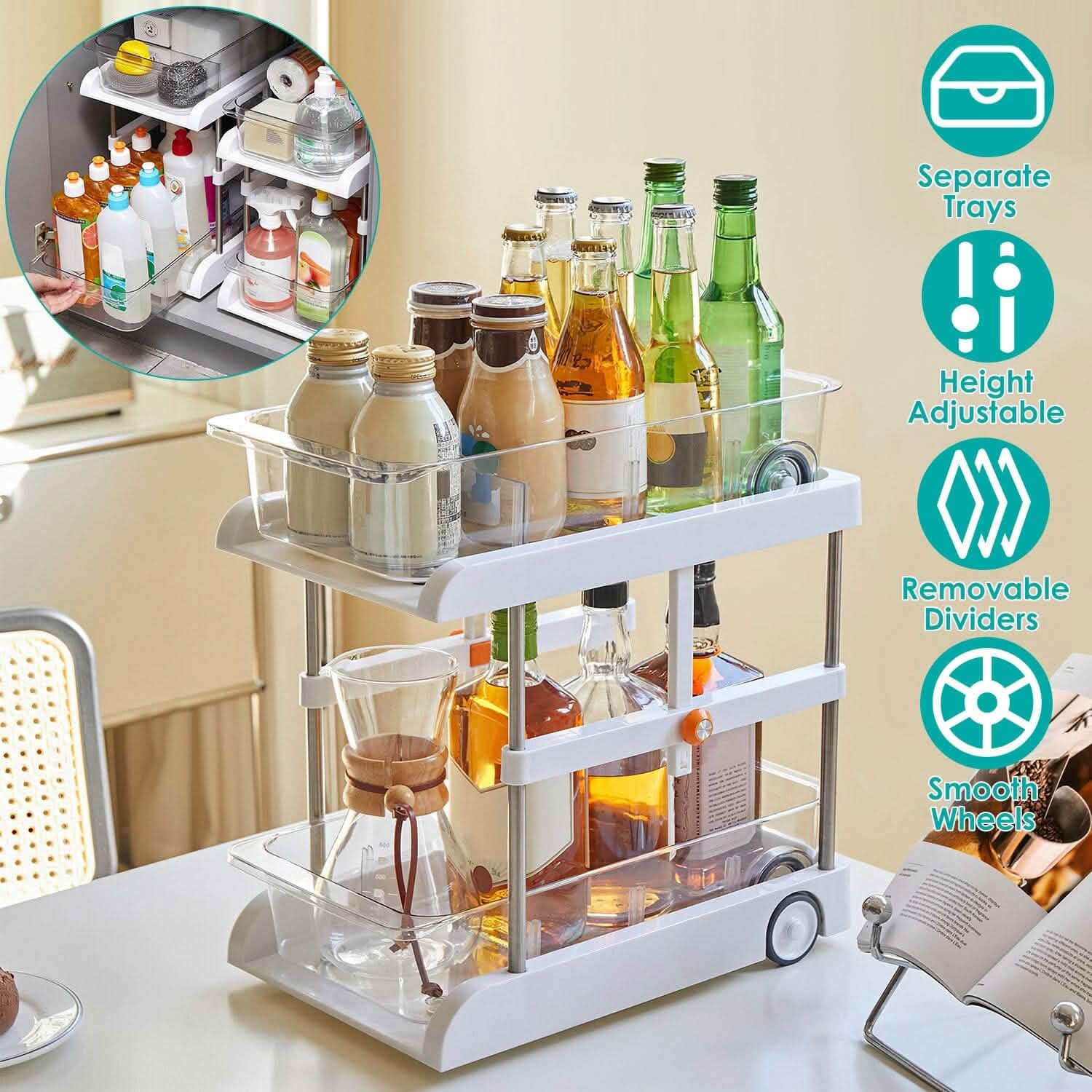 2-Tier Height Adjustable Under Sink Organizer with Flexible Wheels 2 Clear Trays DailySale