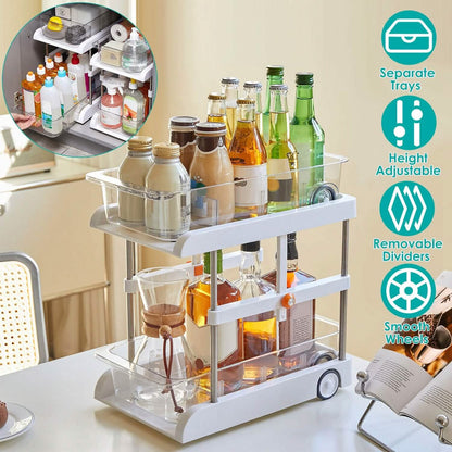 2-Tier Height Adjustable Under Sink Organizer with Flexible Wheels 2 Clear Trays DailySale