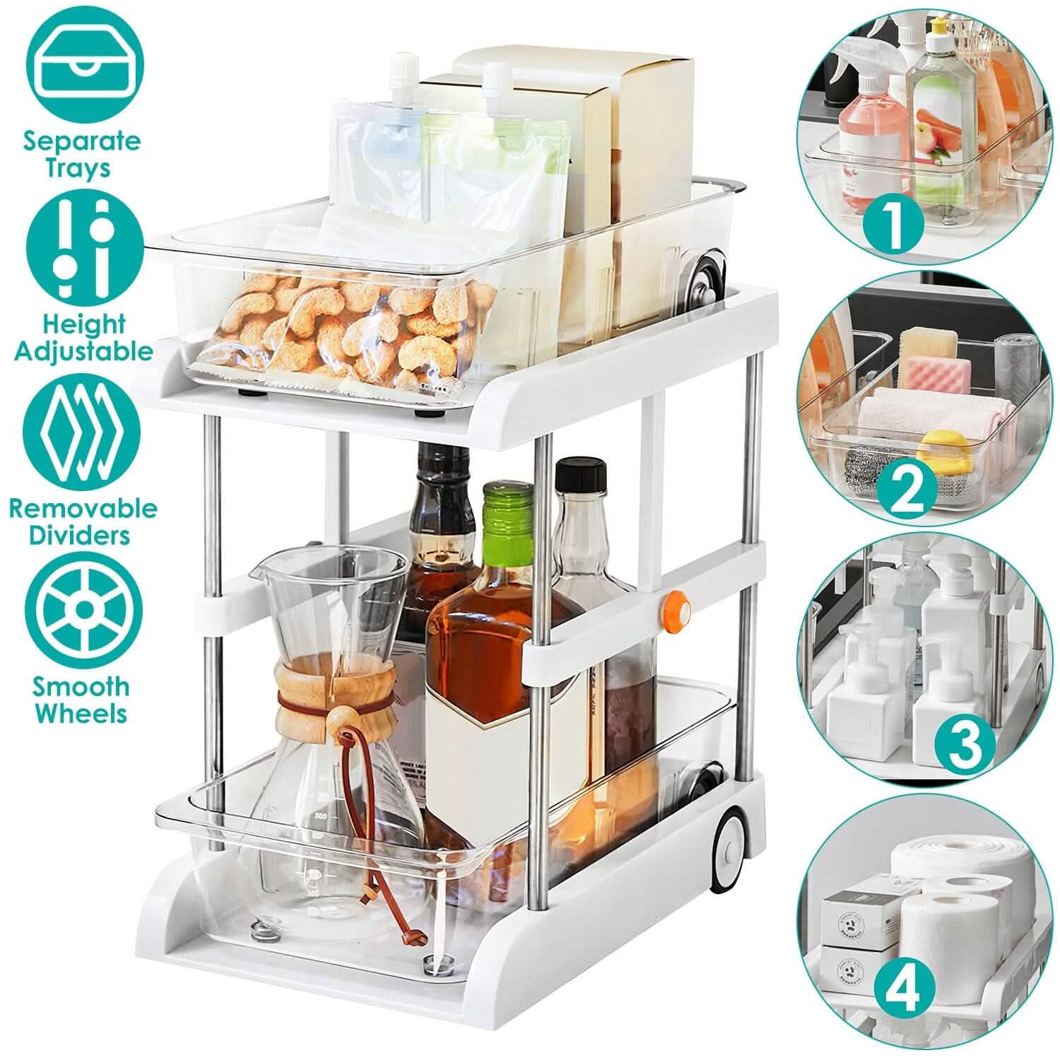 2-Tier Height Adjustable Under Sink Organizer with Flexible Wheels 2 Clear Trays DailySale