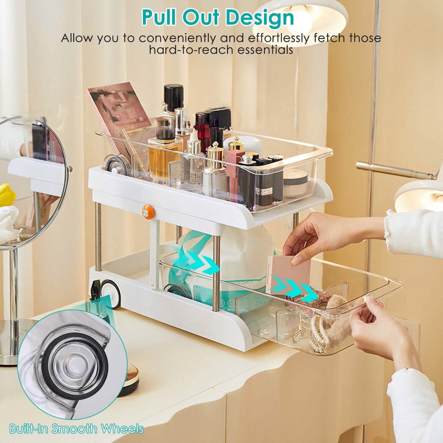 2-Tier Height Adjustable Under Sink Organizer with Flexible Wheels 2 Clear Trays DailySale