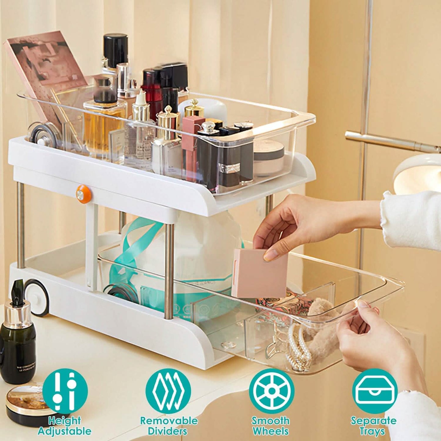 2-Tier Height Adjustable Under Sink Organizer with Flexible Wheels 2 Clear Trays DailySale