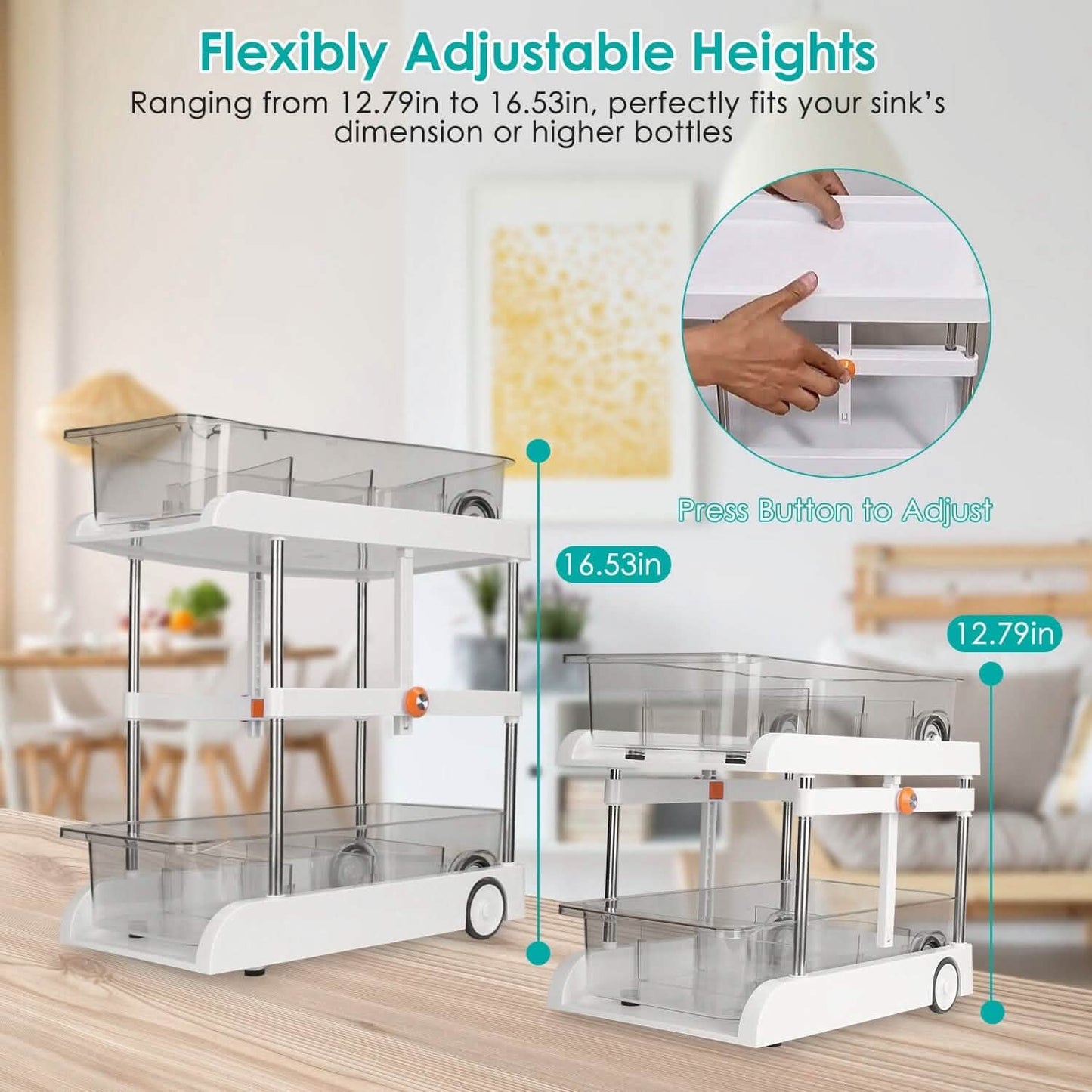 2-Tier Height Adjustable Under Sink Organizer with Flexible Wheels 2 Clear Trays DailySale