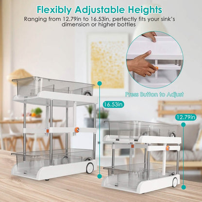 2-Tier Height Adjustable Under Sink Organizer with Flexible Wheels 2 Clear Trays DailySale