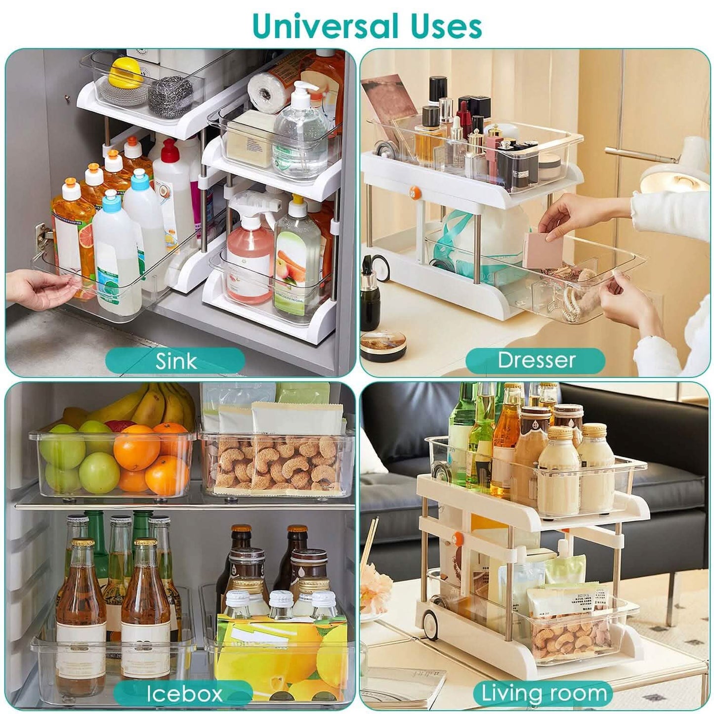 2-Tier Height Adjustable Under Sink Organizer with Flexible Wheels 2 Clear Trays DailySale
