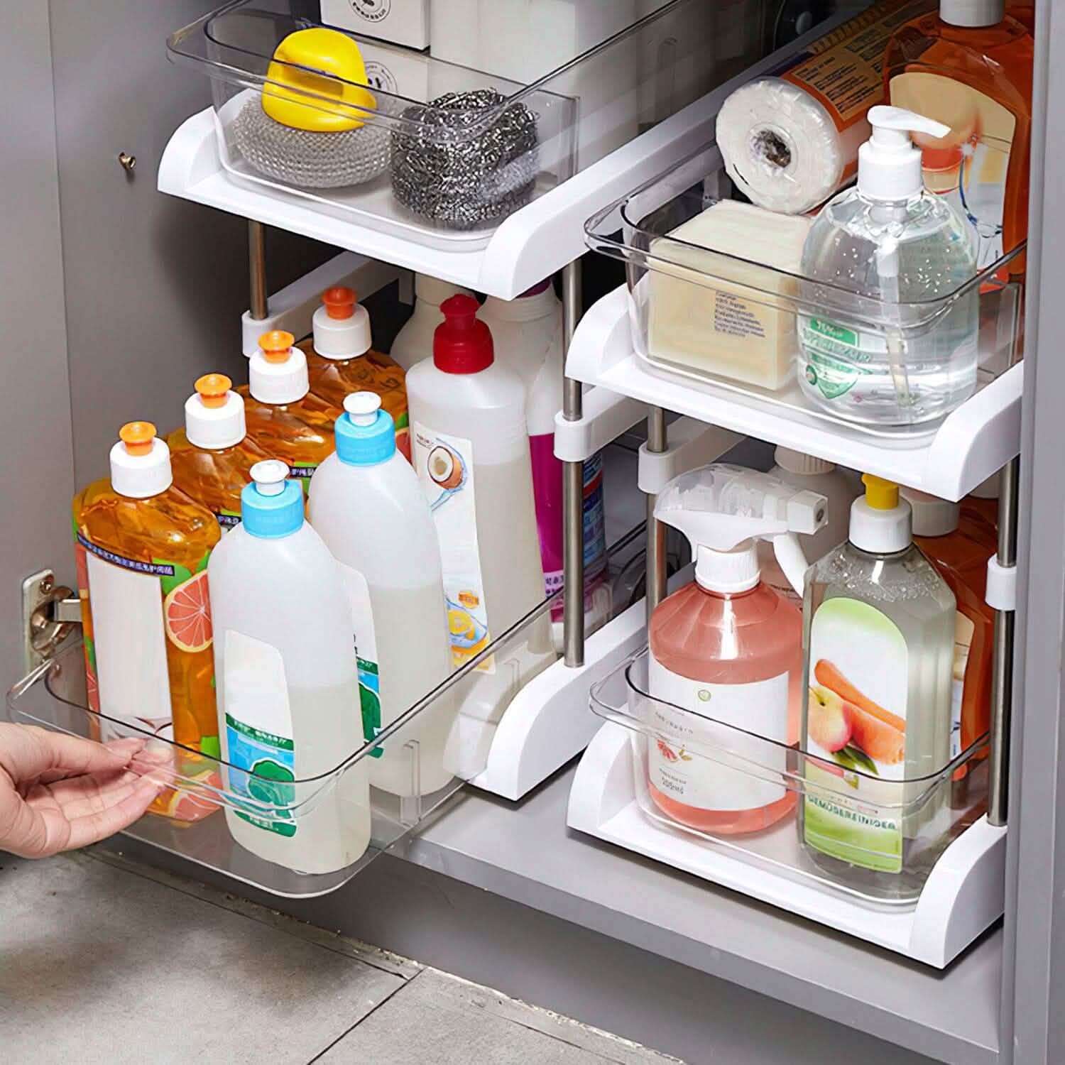 2-Tier Height Adjustable Under Sink Organizer with Flexible Wheels 2 Clear Trays DailySale