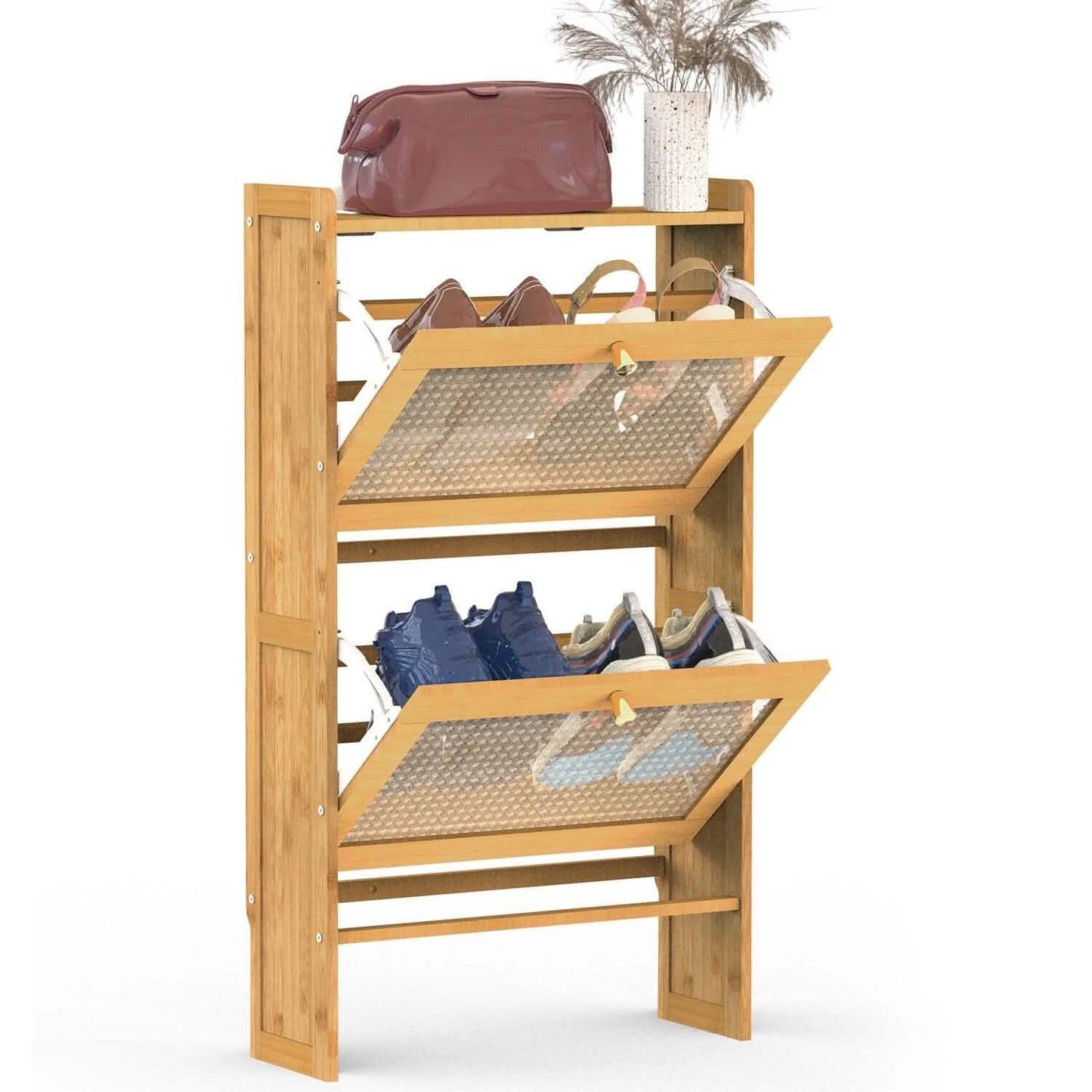 2-Tier Shoe Cabinet with 2 Flip Drawers Slim Bamboo Rack Narrow Shoe Organizer DailySale