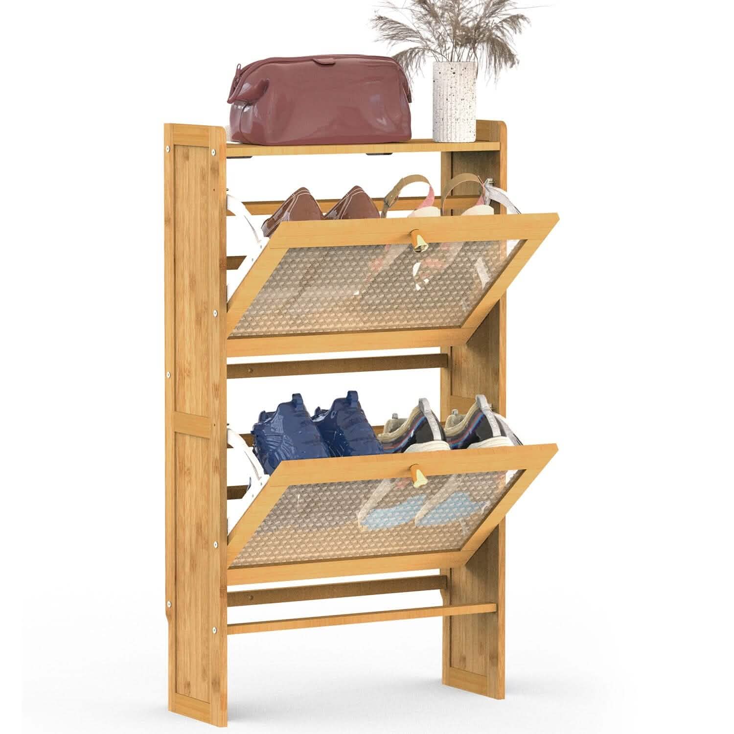 2-Tier Shoe Cabinet with 2 Flip Drawers Slim Bamboo Rack Narrow Shoe Organizer DailySale