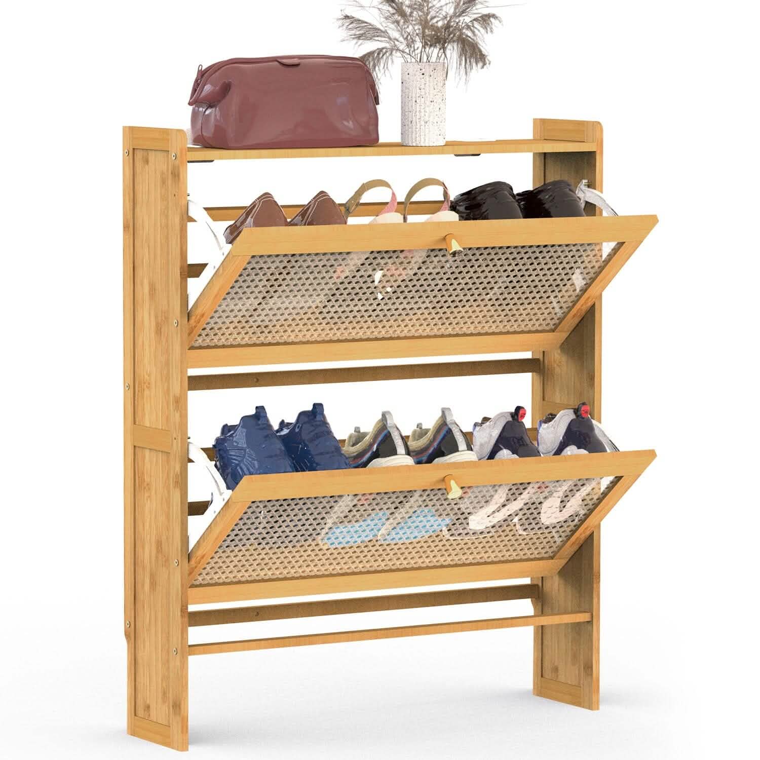 2-Tier Shoe Cabinet with 2 Flip Drawers Slim Bamboo Rack Narrow Shoe Organizer DailySale