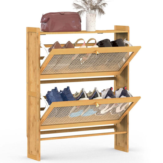 2-Tier Shoe Cabinet with 2 Flip Drawers Slim Bamboo Rack Narrow Shoe Organizer DailySale