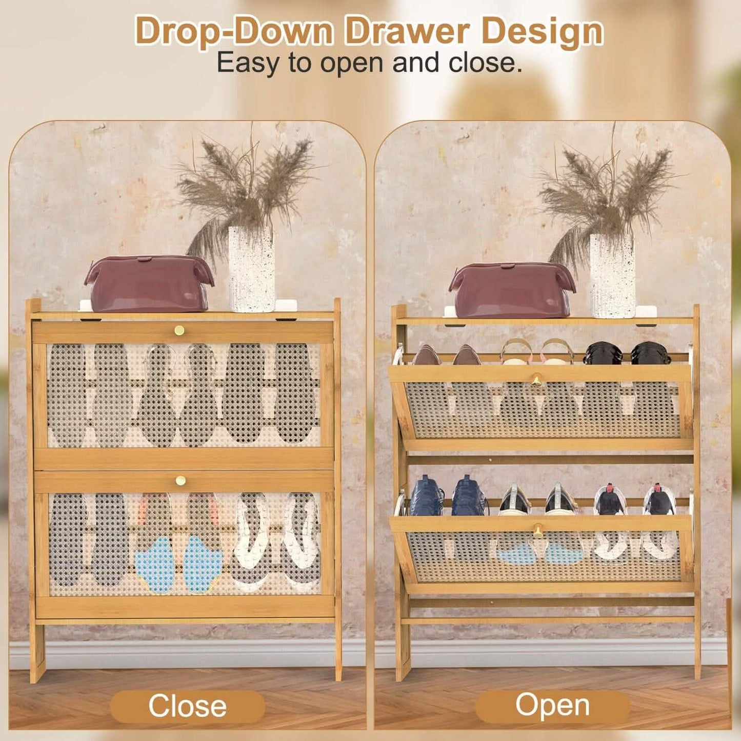 2-Tier Shoe Cabinet with 2 Flip Drawers Slim Bamboo Rack Narrow Shoe Organizer DailySale