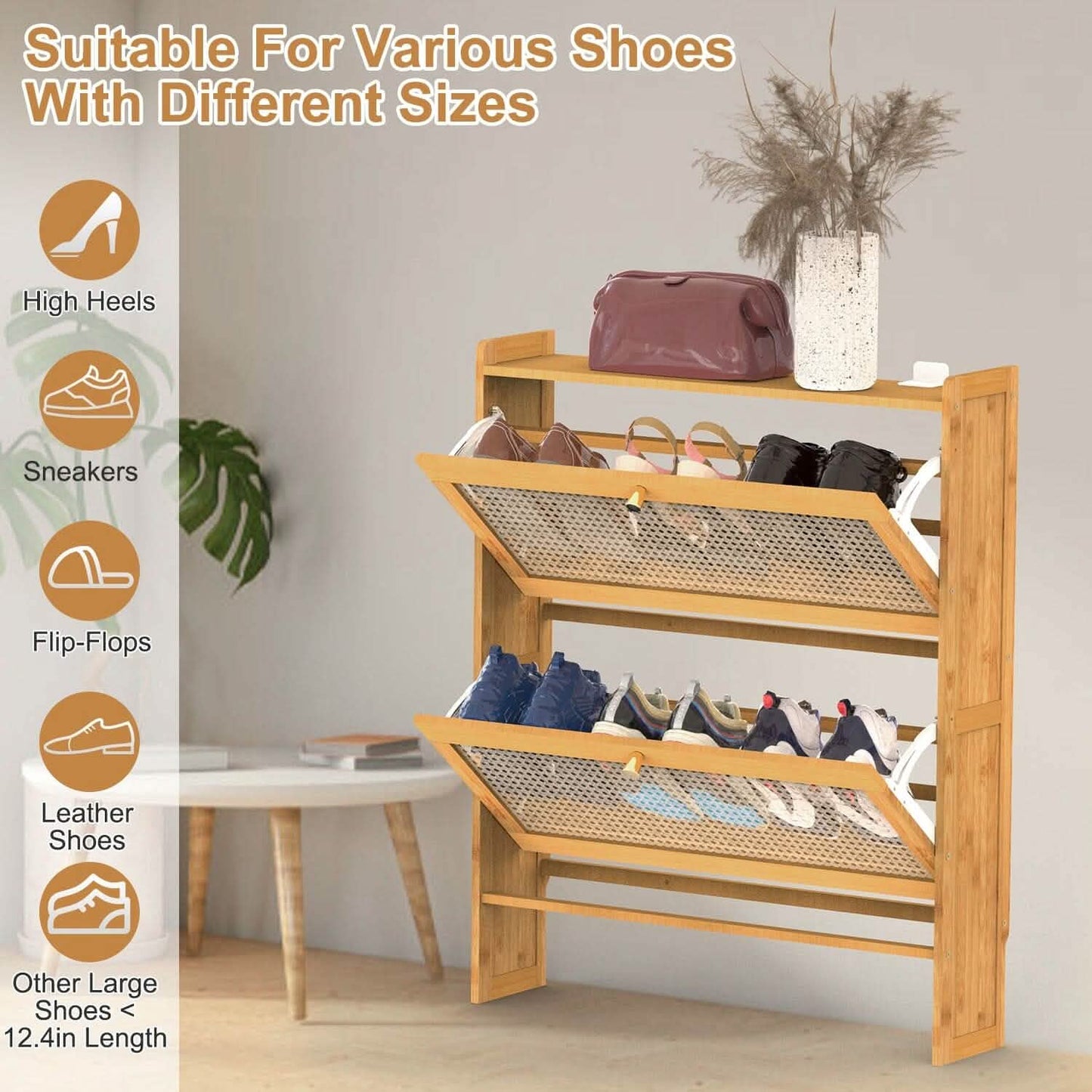 2-Tier Shoe Cabinet with 2 Flip Drawers Slim Bamboo Rack Narrow Shoe Organizer DailySale