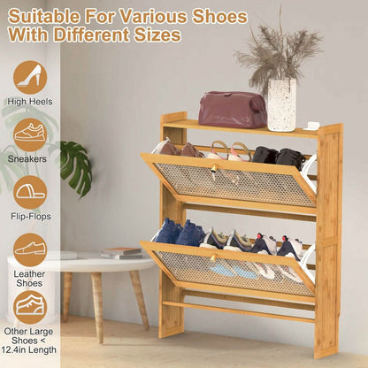2-Tier Shoe Cabinet with 2 Flip Drawers Slim Bamboo Rack Narrow Shoe Organizer DailySale