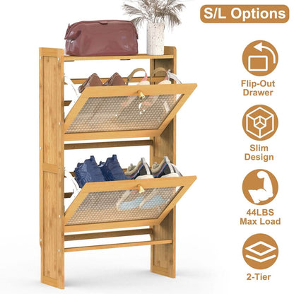 2-Tier Shoe Cabinet with 2 Flip Drawers Slim Bamboo Rack Narrow Shoe Organizer DailySale