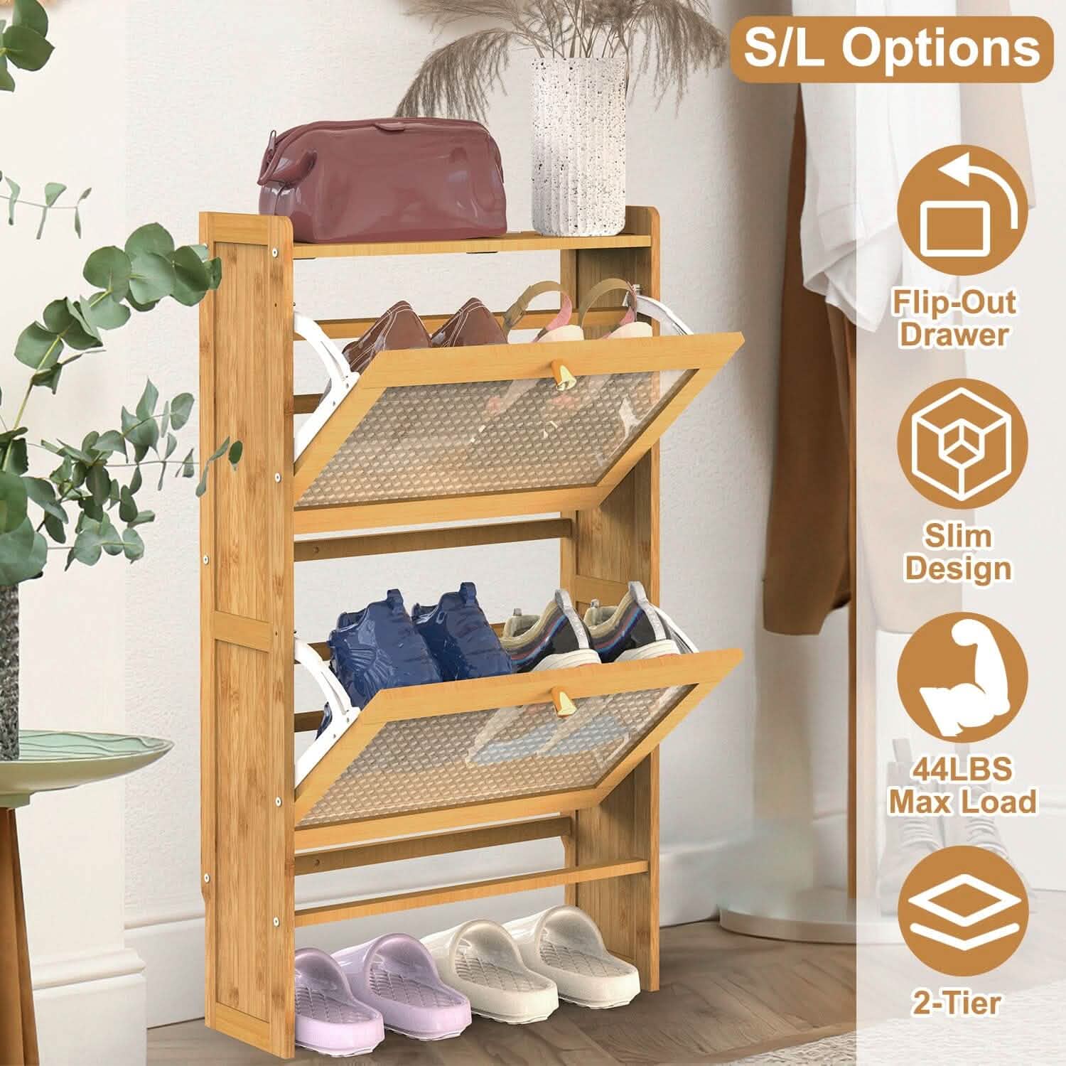 2-Tier Shoe Cabinet with 2 Flip Drawers Slim Bamboo Rack Narrow Shoe Organizer DailySale