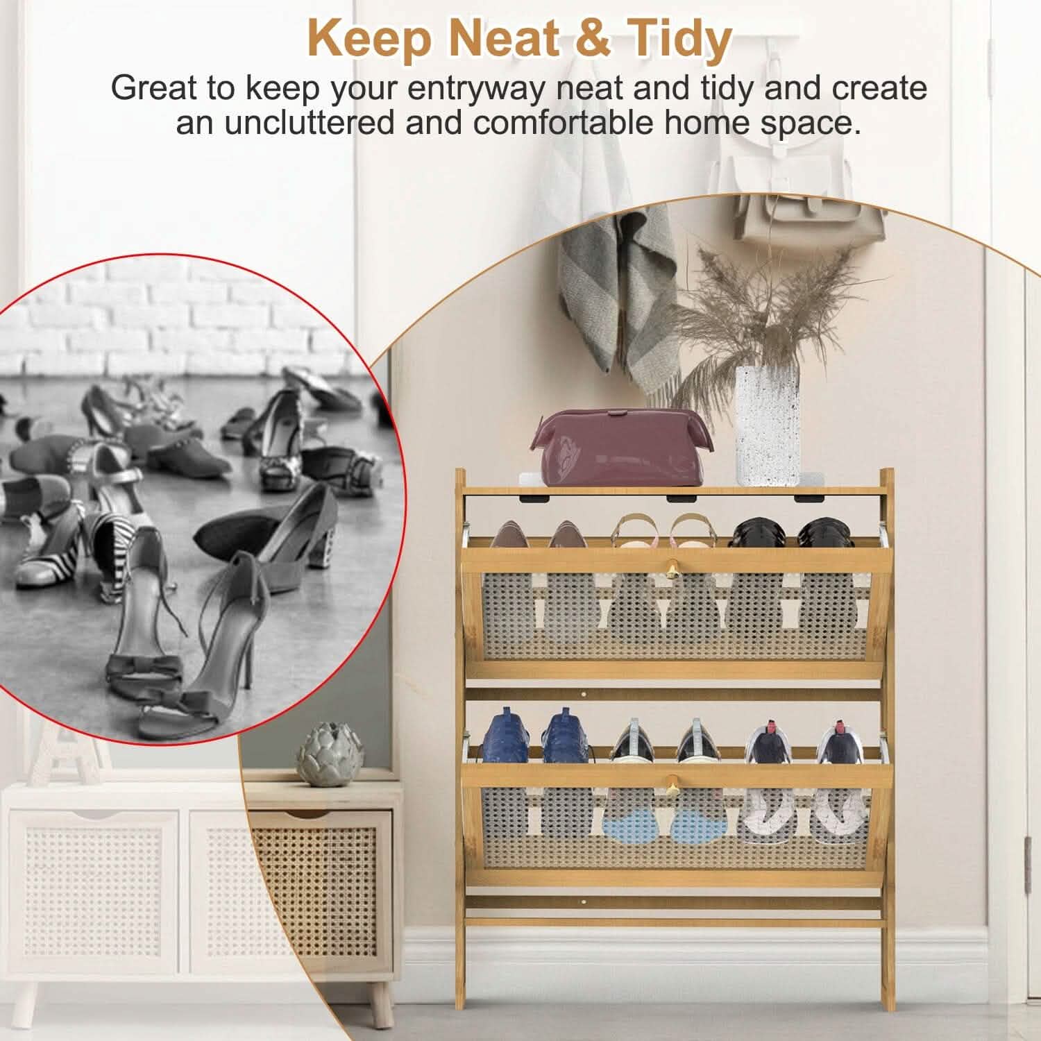 2-Tier Shoe Cabinet with 2 Flip Drawers Slim Bamboo Rack Narrow Shoe Organizer DailySale