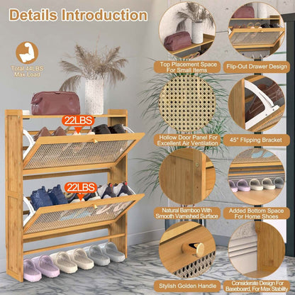 2-Tier Shoe Cabinet with 2 Flip Drawers Slim Bamboo Rack Narrow Shoe Organizer DailySale