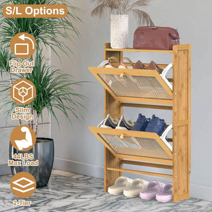 2-Tier Shoe Cabinet with 2 Flip Drawers Slim Bamboo Rack Narrow Shoe Organizer DailySale