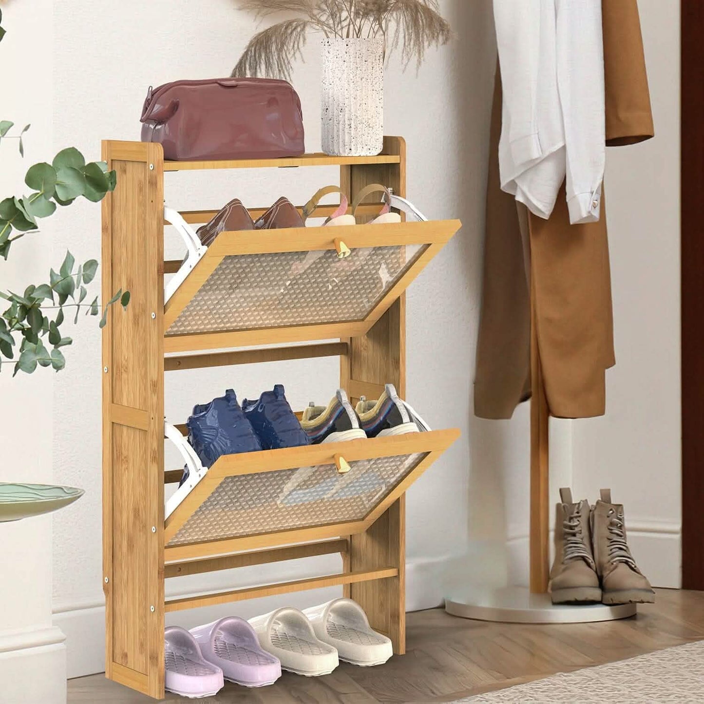 2-Tier Shoe Cabinet with 2 Flip Drawers Slim Bamboo Rack Narrow Shoe Organizer DailySale