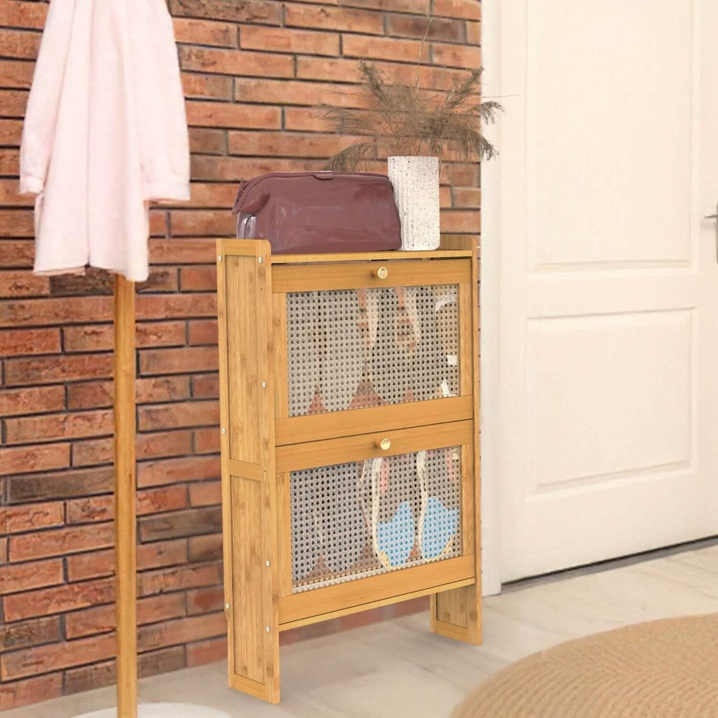 2-Tier Shoe Cabinet with 2 Flip Drawers Slim Bamboo Rack Narrow Shoe Organizer DailySale