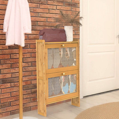 2-Tier Shoe Cabinet with 2 Flip Drawers Slim Bamboo Rack Narrow Shoe Organizer DailySale