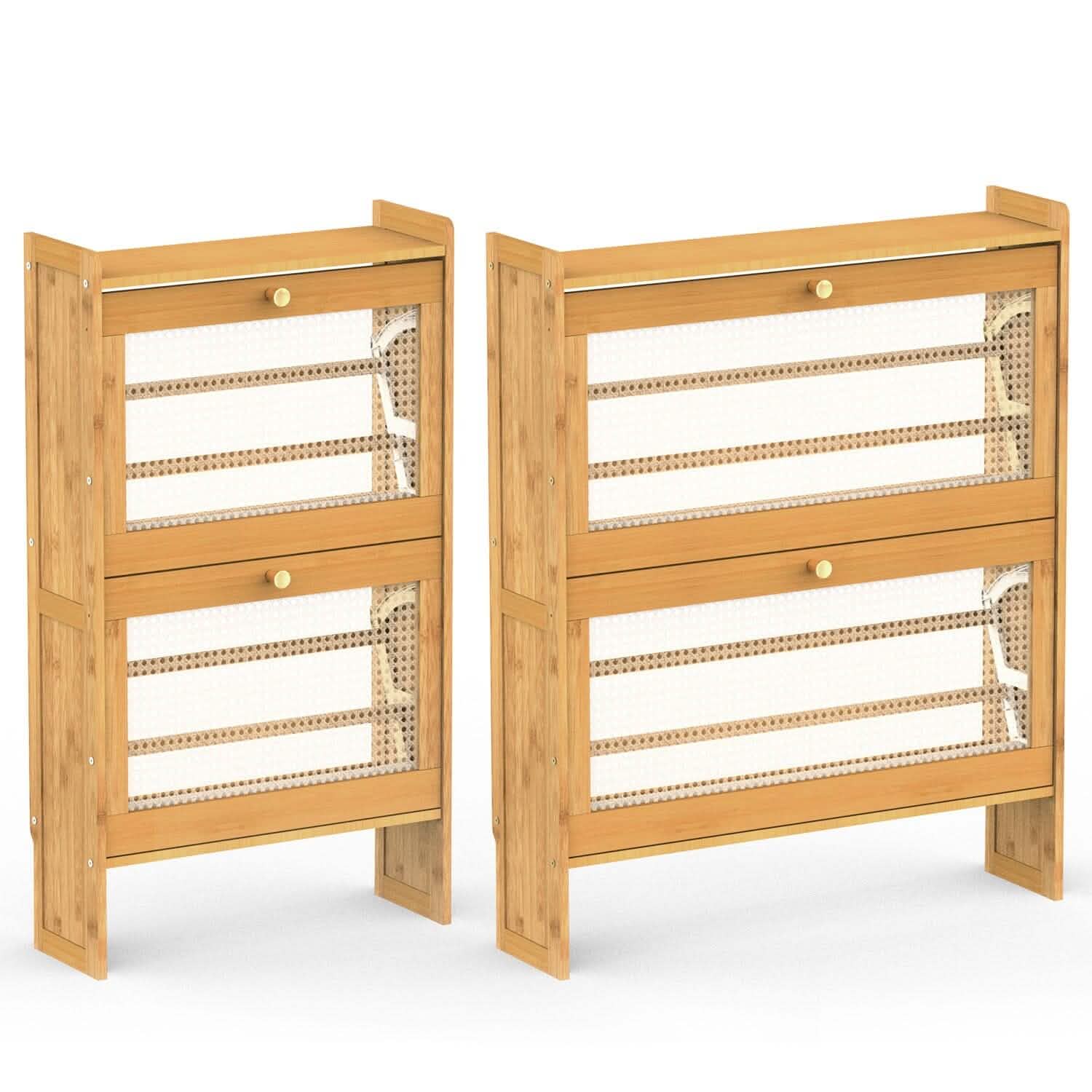 2-Tier Shoe Cabinet with 2 Flip Drawers Slim Bamboo Rack Narrow Shoe Organizer DailySale