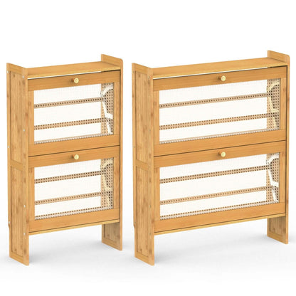 2-Tier Shoe Cabinet with 2 Flip Drawers Slim Bamboo Rack Narrow Shoe Organizer DailySale