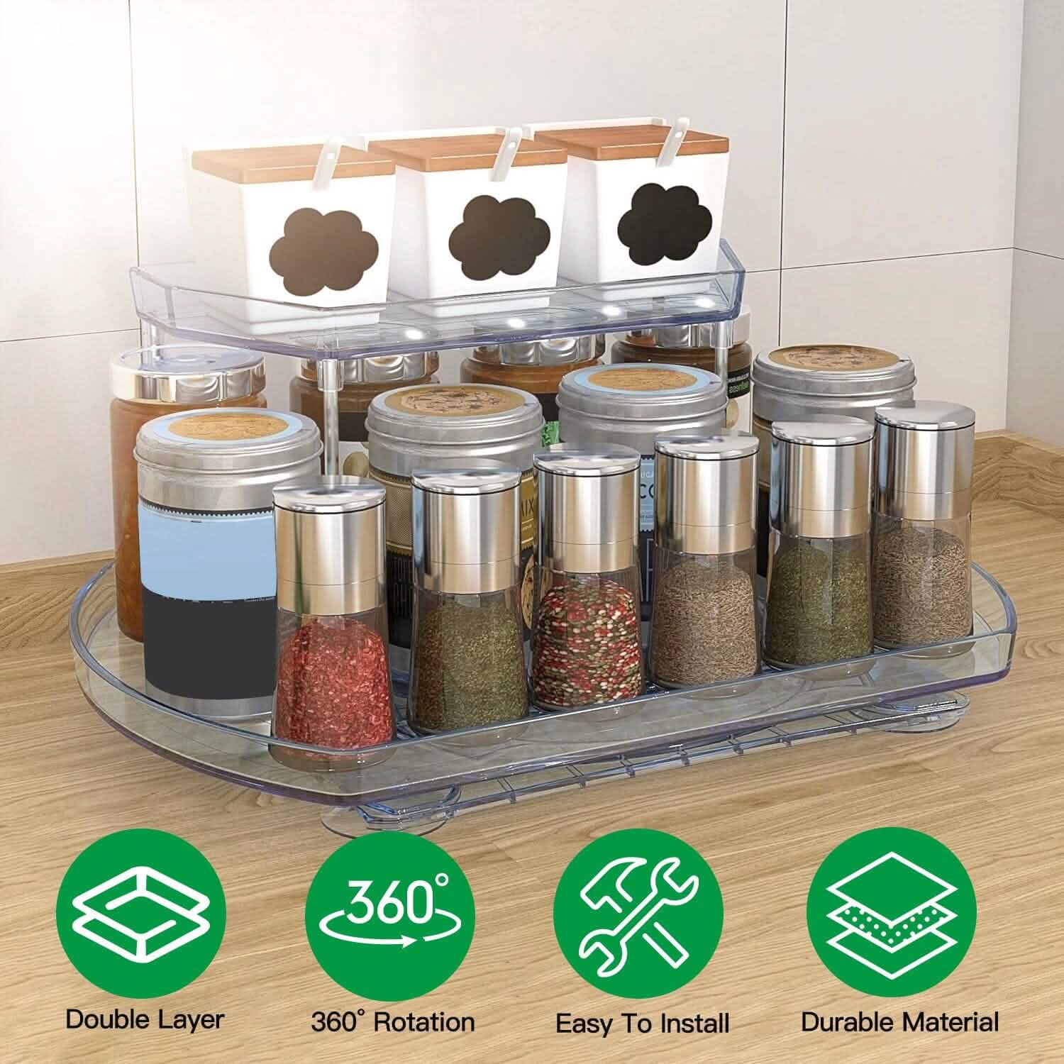 2-Tier Turntable Organizer Rectangular Refrigerator Spinner Storage Rack with 360° Rotatable Slide Rail DailySale