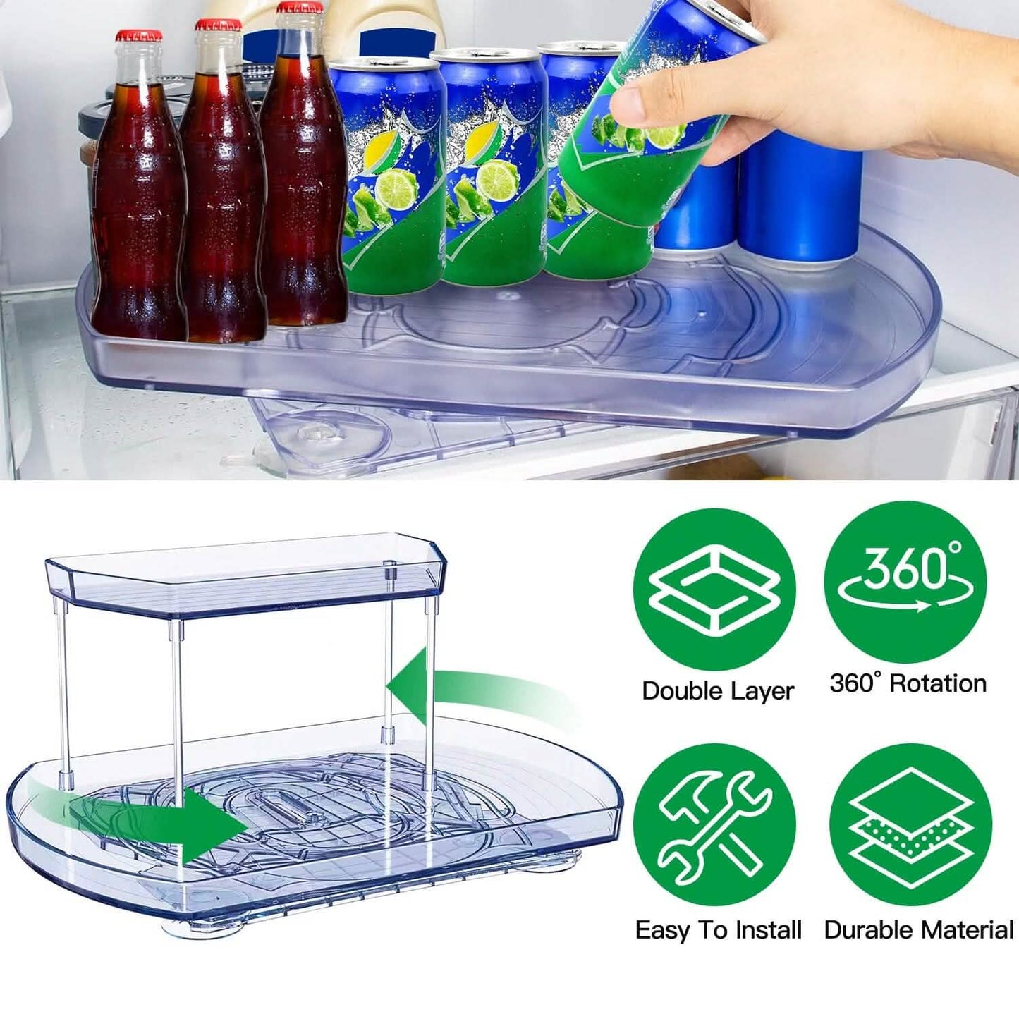 2-Tier Turntable Organizer Rectangular Refrigerator Spinner Storage Rack with 360° Rotatable Slide Rail DailySale