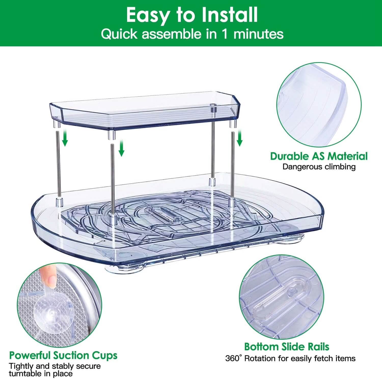 2-Tier Turntable Organizer Rectangular Refrigerator Spinner Storage Rack with 360° Rotatable Slide Rail DailySale