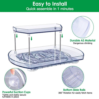 2-Tier Turntable Organizer Rectangular Refrigerator Spinner Storage Rack with 360° Rotatable Slide Rail DailySale