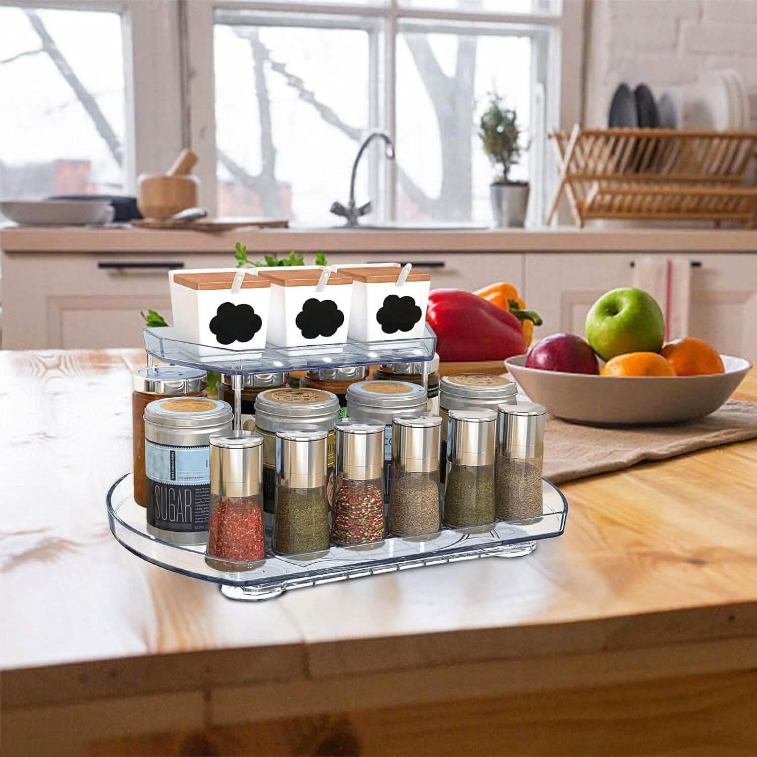 2-Tier Turntable Organizer Rectangular Refrigerator Spinner Storage Rack with 360° Rotatable Slide Rail DailySale