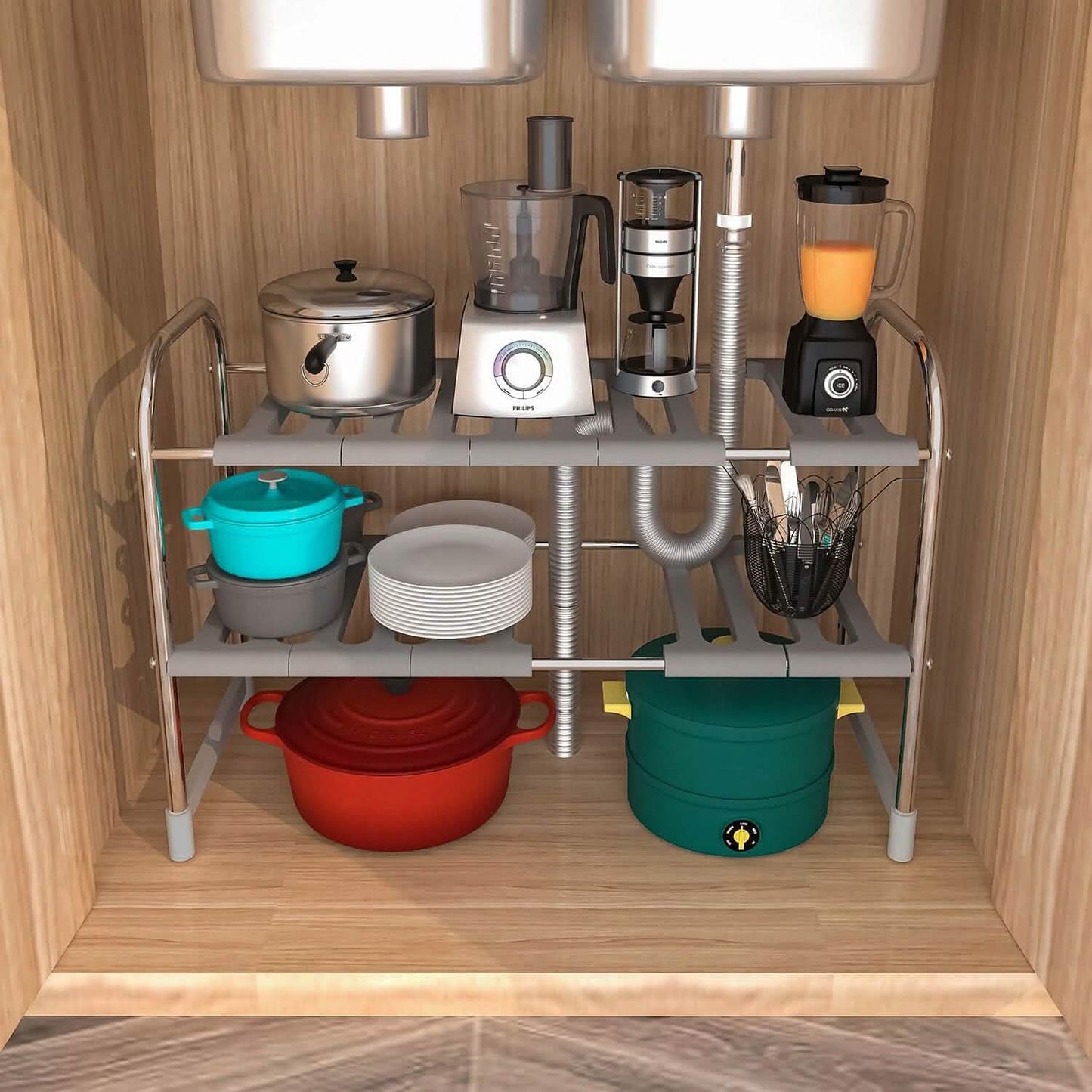 2-Tier Under Sink Organizer Retractable Kitchen Rack Holder DailySale