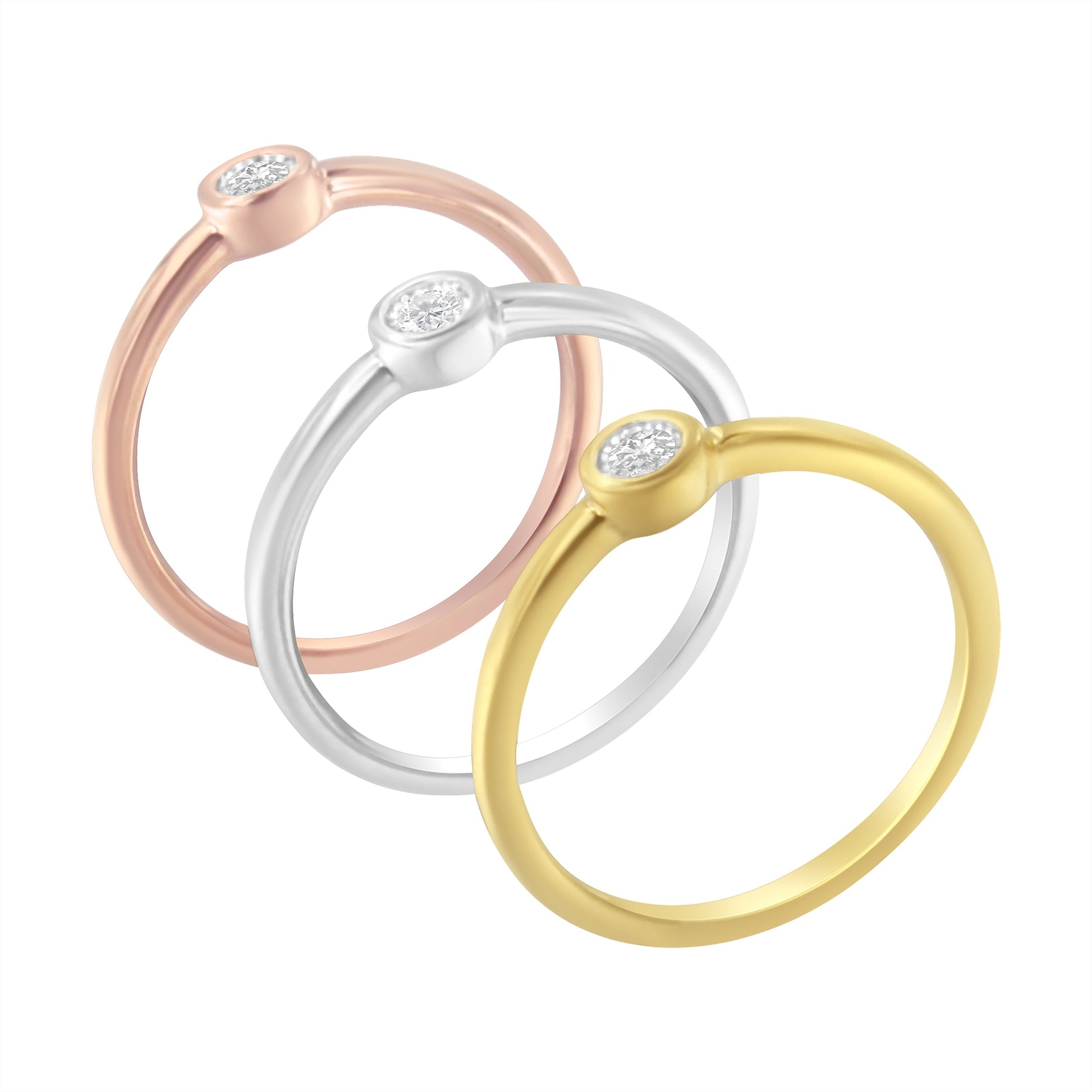 Tri-Color 14K Gold Plated .925 Sterling Silver 1/6 Cttw Round Miracle-Set Diamond Stacking Promise Ring Set (J-K Color, I1-I2 Clarity) - Size 7 Bids.com