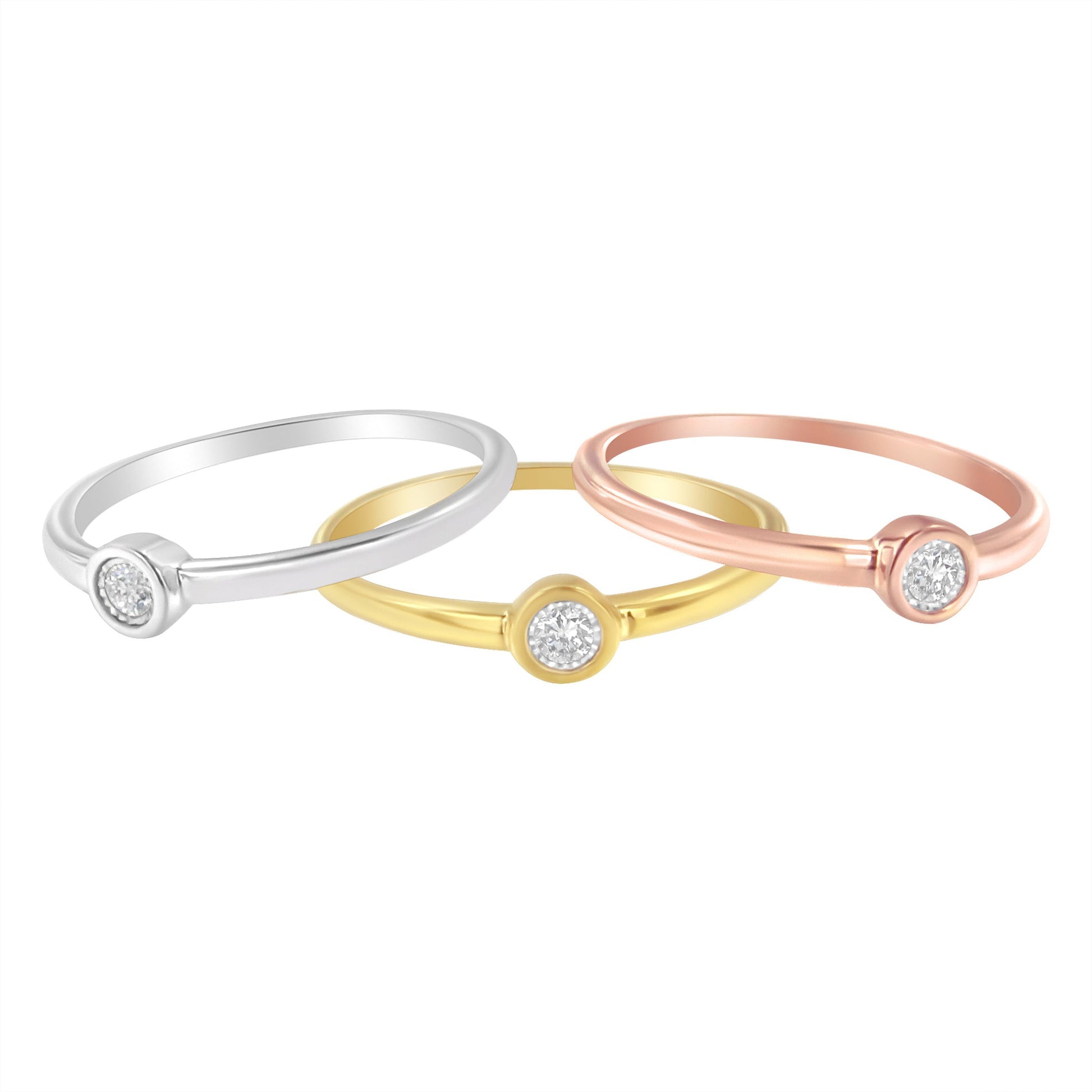 Tri-Color 14K Gold Plated .925 Sterling Silver 1/6 Cttw Round Miracle-Set Diamond Stacking Promise Ring Set (J-K Color, I1-I2 Clarity) - Size 7 Bids.com