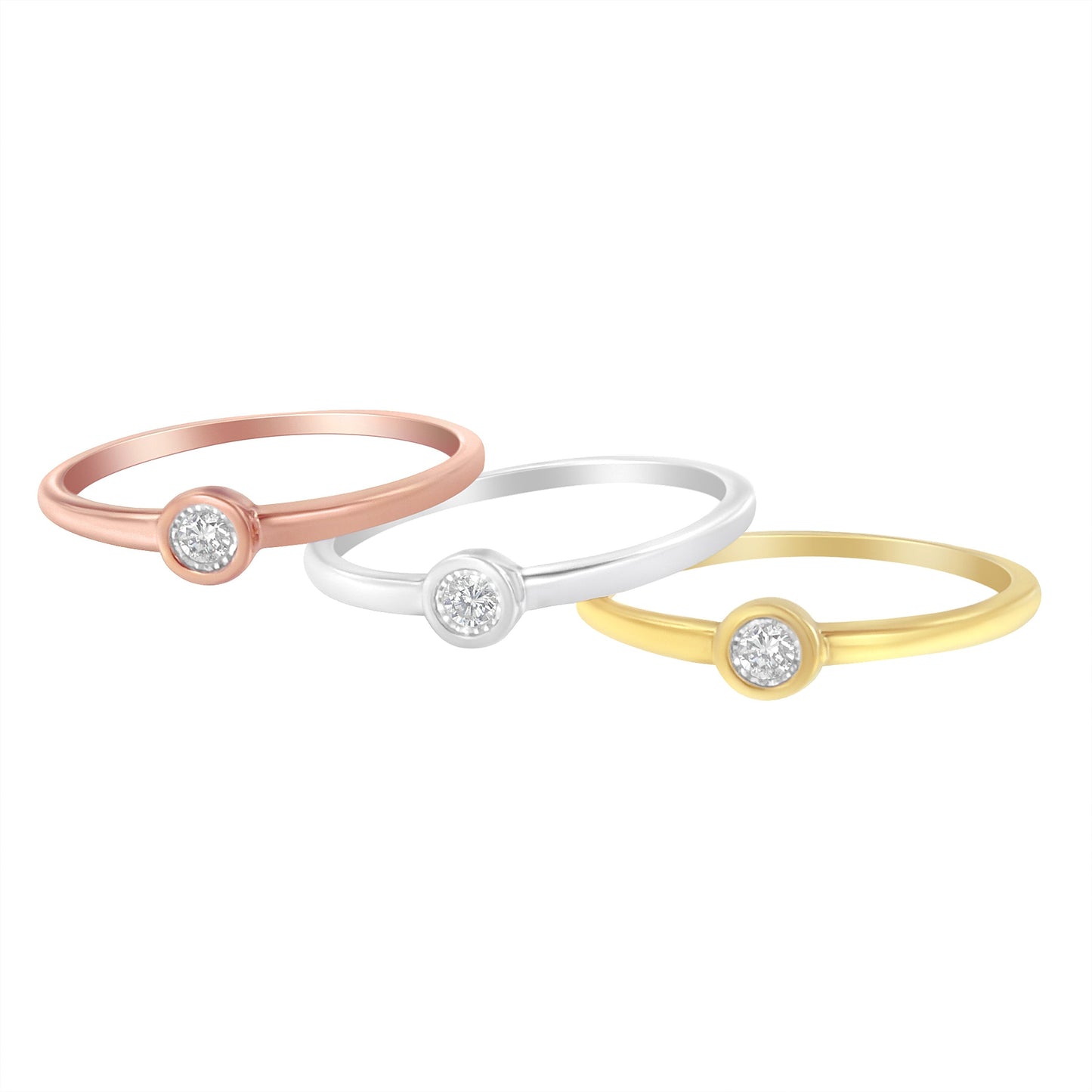 Tri-Color 14K Gold Plated .925 Sterling Silver 1/6 Cttw Round Miracle-Set Diamond Stacking Promise Ring Set (J-K Color, I1-I2 Clarity) - Size 7 Bids.com