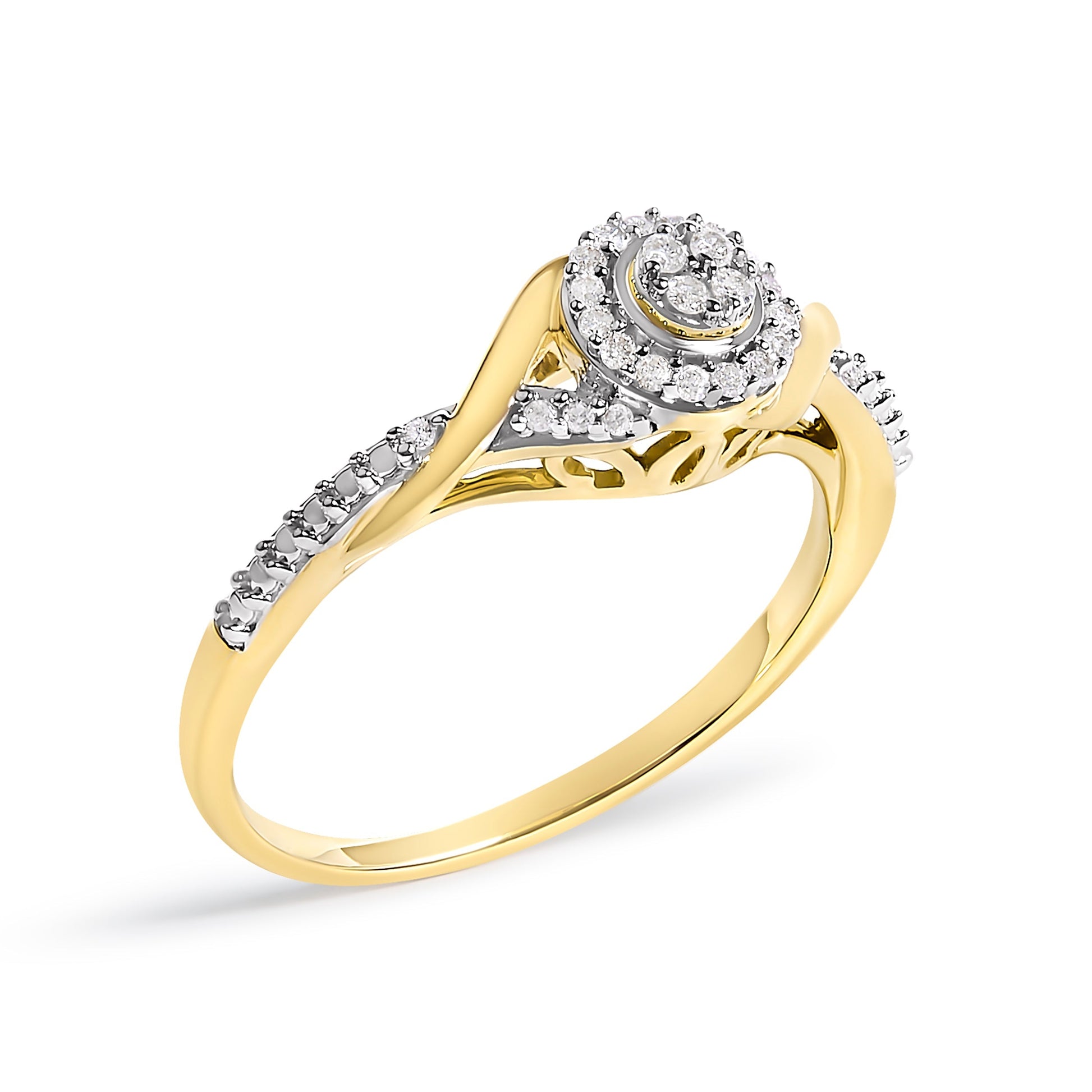 10K Yellow Gold 1/10 Cttw Diamond Swirl and Halo Promise Ring (I-J Color, I3 Clarity) - Size 7 Bids.com