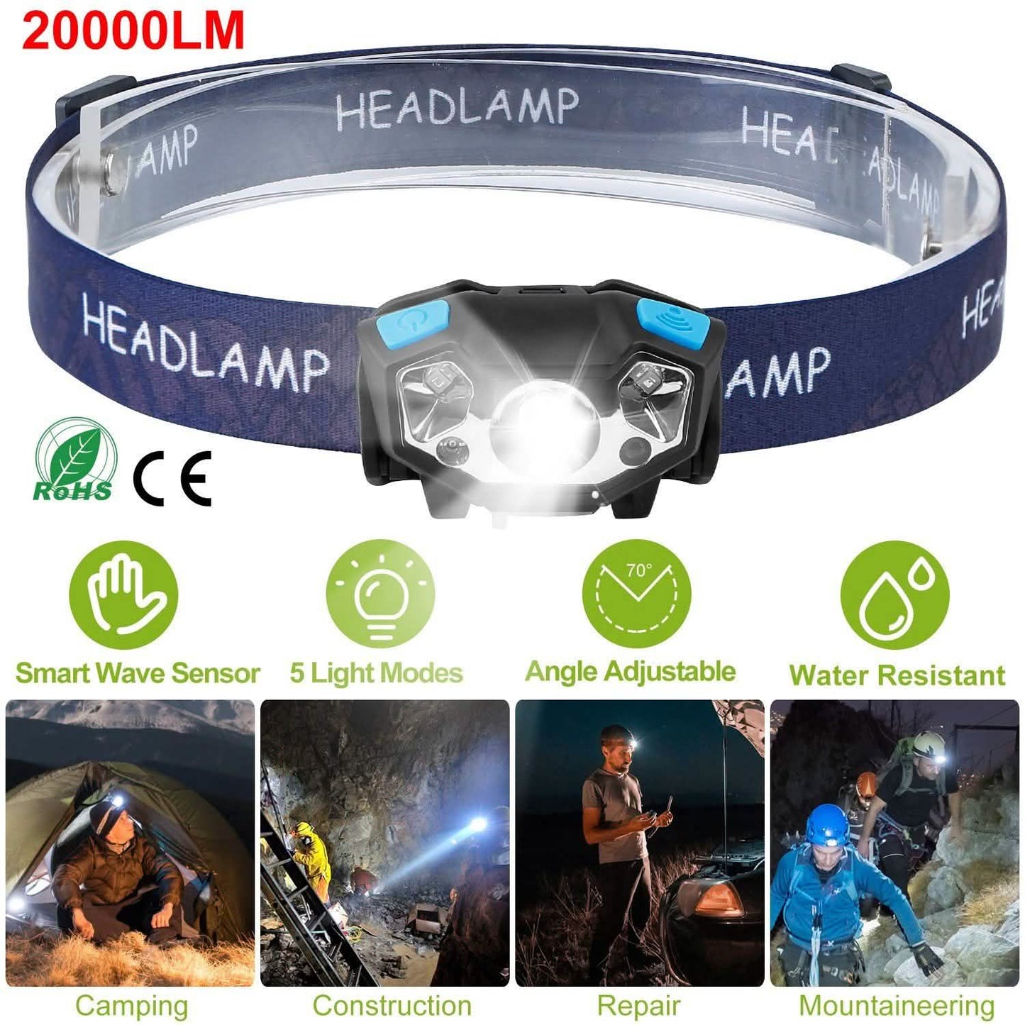 20000LM LED Headlamp USB Rechargeable Wave Motion Sensor Headlight DailySale