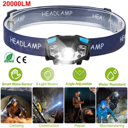 20000LM LED Headlamp USB Rechargeable Wave Motion Sensor Headlight DailySale